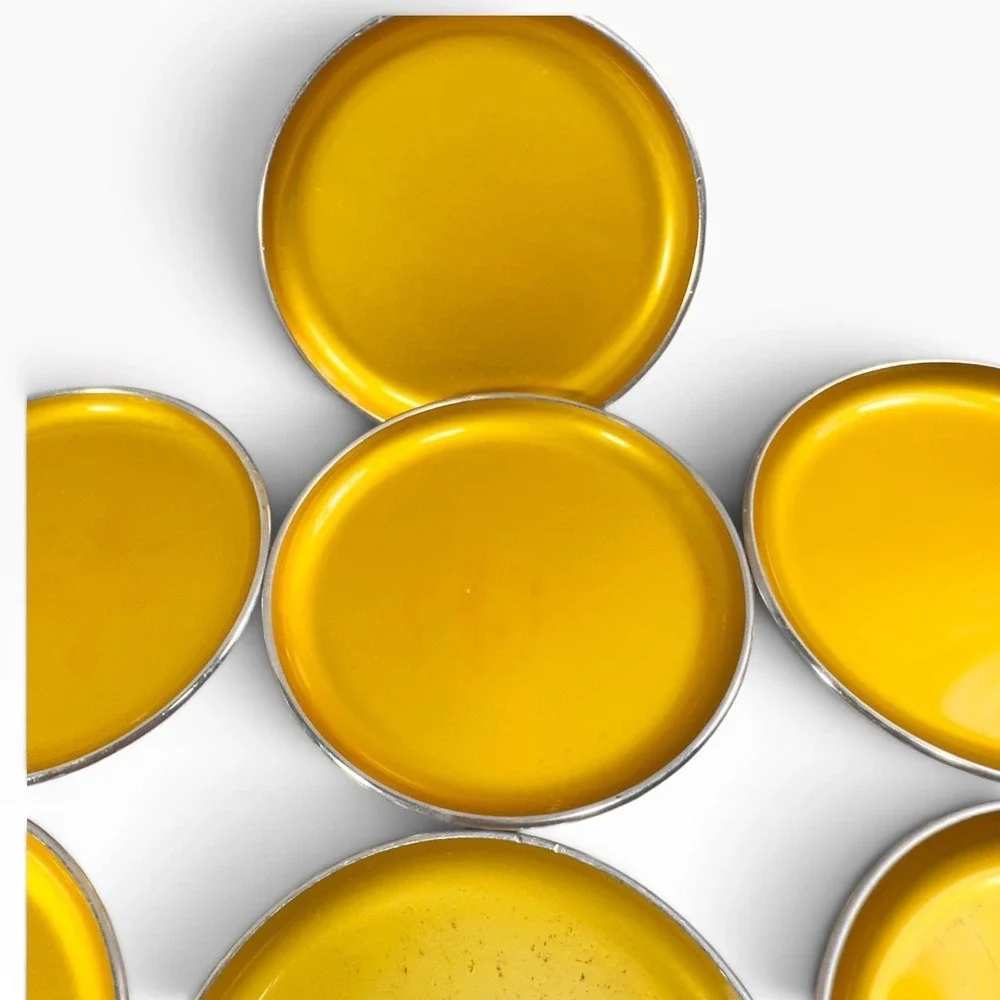 Vintage Emalox Norway Yellow Gold Anodized Aluminum Coasters Set of 7 MCM 4in